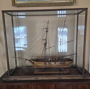 Ultra-Rare Late-19th Century Antique Wooden & Brass Clipper Ship w/ Display Case